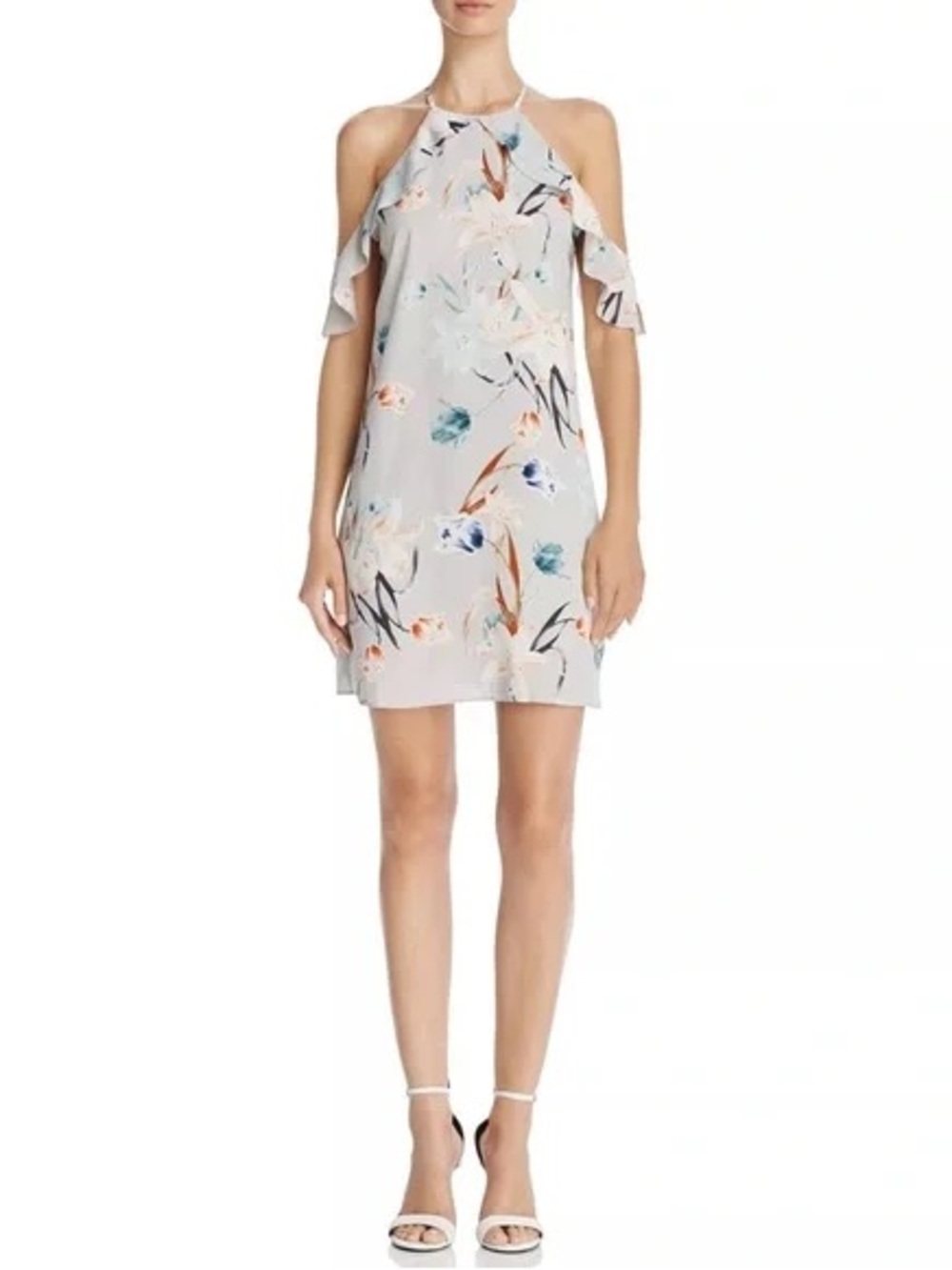Cooper & Ella Cold -Shoulder Floral Shift Dress in Light Gray